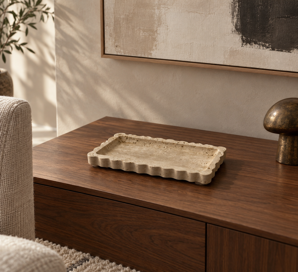 Scalloped Travertine Marble Rectangular Tray