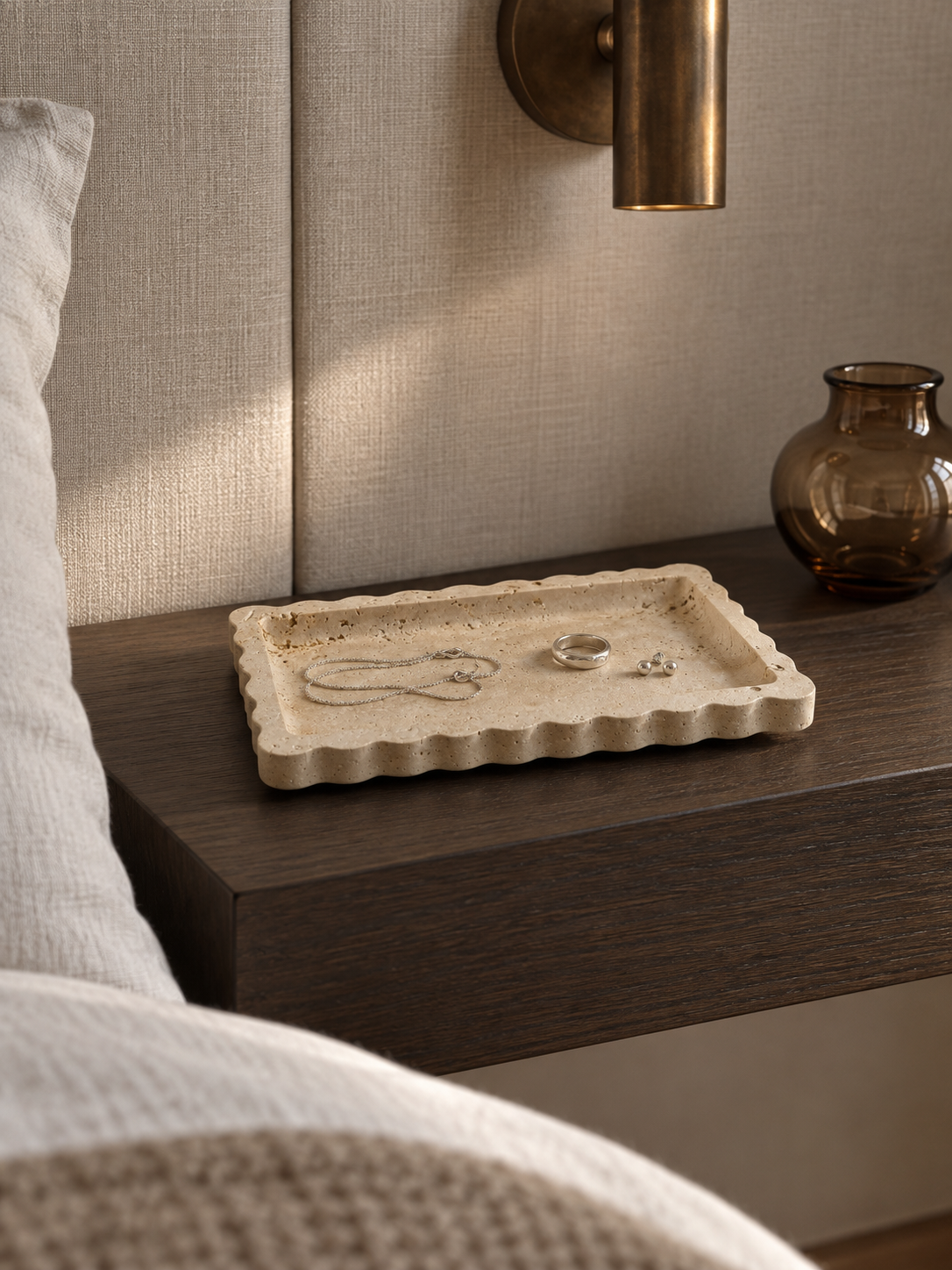 Scalloped Travertine Marble Rectangular Tray