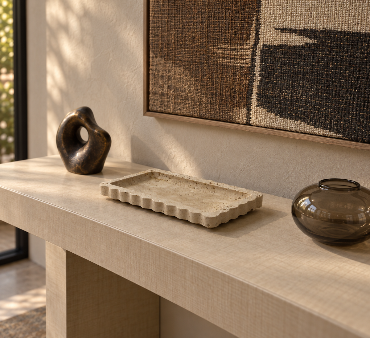 Scalloped Travertine Marble Rectangular Tray